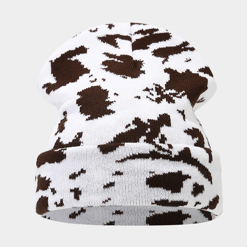 Wholesale Cow Pattern Leopard Jacquard Knitted Hat Thickened Warm Wool Hat